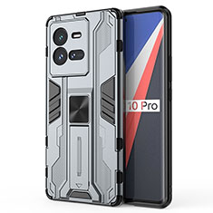 Silicone Matte Finish and Plastic Back Cover Case with Magnetic Stand KC1 for Vivo iQOO 10 Pro 5G Gray