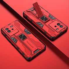 Silicone Matte Finish and Plastic Back Cover Case with Magnetic Stand KC1 for Vivo iQOO Neo6 5G Red
