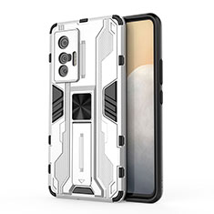 Silicone Matte Finish and Plastic Back Cover Case with Magnetic Stand KC1 for Vivo X70 5G Silver