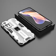 Silicone Matte Finish and Plastic Back Cover Case with Magnetic Stand KC1 for Xiaomi Redmi Note 11 Pro+ Plus 5G Silver