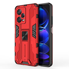 Silicone Matte Finish and Plastic Back Cover Case with Magnetic Stand KC1 for Xiaomi Redmi Note 12 Pro 5G Red