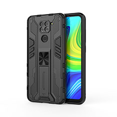 Silicone Matte Finish and Plastic Back Cover Case with Magnetic Stand KC1 for Xiaomi Redmi Note 9 Black