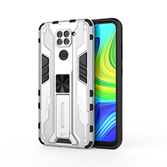 Silicone Matte Finish and Plastic Back Cover Case with Magnetic Stand KC1 for Xiaomi Redmi Note 9 Silver