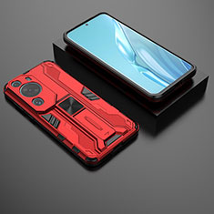Silicone Matte Finish and Plastic Back Cover Case with Magnetic Stand KC2 for Huawei P60 Art Red