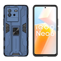 Silicone Matte Finish and Plastic Back Cover Case with Magnetic Stand KC2 for Vivo iQOO Neo6 SE 5G Blue