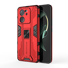 Silicone Matte Finish and Plastic Back Cover Case with Magnetic Stand KC2 for Xiaomi Mi 13T 5G Red