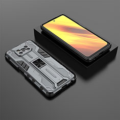 Silicone Matte Finish and Plastic Back Cover Case with Magnetic Stand KC2 for Xiaomi Poco X3 NFC Gray