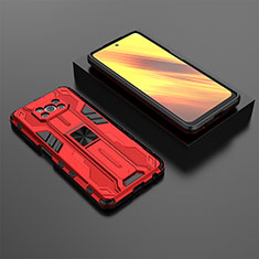 Silicone Matte Finish and Plastic Back Cover Case with Magnetic Stand KC2 for Xiaomi Poco X3 NFC Red