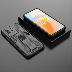 Silicone Matte Finish and Plastic Back Cover Case with Magnetic Stand KC3 for Vivo iQOO Neo6 5G Black