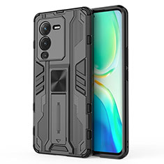 Silicone Matte Finish and Plastic Back Cover Case with Magnetic Stand KC3 for Vivo V25 Pro 5G Black