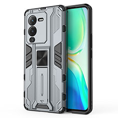 Silicone Matte Finish and Plastic Back Cover Case with Magnetic Stand KC3 for Vivo V25 Pro 5G Gray