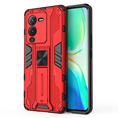 Silicone Matte Finish and Plastic Back Cover Case with Magnetic Stand KC3 for Vivo V25 Pro 5G Red