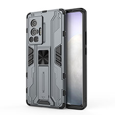 Silicone Matte Finish and Plastic Back Cover Case with Magnetic Stand KC3 for Vivo X70 Pro 5G Gray