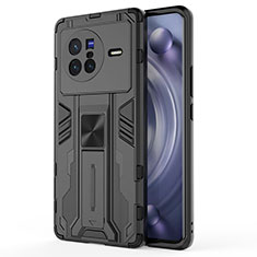 Silicone Matte Finish and Plastic Back Cover Case with Magnetic Stand KC3 for Vivo X80 5G Black