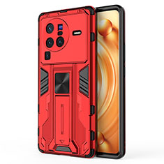 Silicone Matte Finish and Plastic Back Cover Case with Magnetic Stand KC3 for Vivo X80 Pro 5G Red