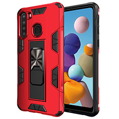 Silicone Matte Finish and Plastic Back Cover Case with Magnetic Stand MQ1 for Samsung Galaxy A21 Red