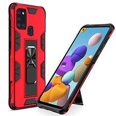 Silicone Matte Finish and Plastic Back Cover Case with Magnetic Stand MQ1 for Samsung Galaxy A21s Red