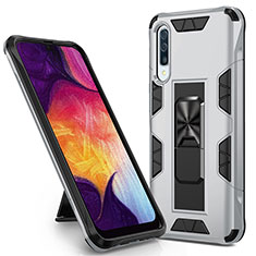 Silicone Matte Finish and Plastic Back Cover Case with Magnetic Stand MQ1 for Samsung Galaxy A50S Silver