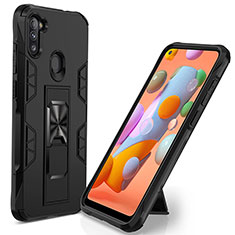 Silicone Matte Finish and Plastic Back Cover Case with Magnetic Stand MQ1 for Samsung Galaxy M11 Black