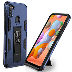 Silicone Matte Finish and Plastic Back Cover Case with Magnetic Stand MQ1 for Samsung Galaxy M11 Blue