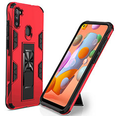 Silicone Matte Finish and Plastic Back Cover Case with Magnetic Stand MQ1 for Samsung Galaxy M11 Red