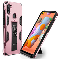 Silicone Matte Finish and Plastic Back Cover Case with Magnetic Stand MQ1 for Samsung Galaxy M11 Rose Gold