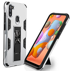 Silicone Matte Finish and Plastic Back Cover Case with Magnetic Stand MQ1 for Samsung Galaxy M11 Silver