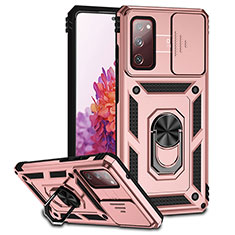 Silicone Matte Finish and Plastic Back Cover Case with Magnetic Stand Q01W for Samsung Galaxy S20 FE 4G Rose Gold