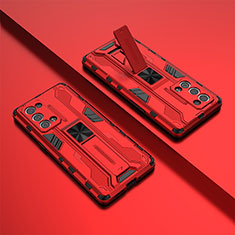 Silicone Matte Finish and Plastic Back Cover Case with Magnetic Stand T01 for Oppo Reno6 Pro 5G Red