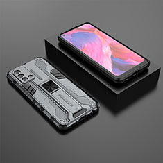 Silicone Matte Finish and Plastic Back Cover Case with Magnetic Stand T02 for Oppo A74 4G Gray