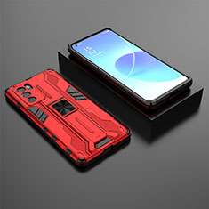 Silicone Matte Finish and Plastic Back Cover Case with Magnetic Stand T02 for Oppo Reno6 Pro 5G India Red