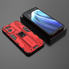 Silicone Matte Finish and Plastic Back Cover Case with Magnetic Stand T02 for Oppo Reno7 5G Red