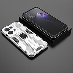 Silicone Matte Finish and Plastic Back Cover Case with Magnetic Stand T02 for Oppo Reno9 Pro 5G White