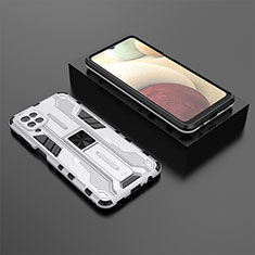 Silicone Matte Finish and Plastic Back Cover Case with Magnetic Stand T02 for Samsung Galaxy F12 White