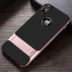 Silicone Matte Finish and Plastic Back Cover Case with Stand A01 for Apple iPhone X Rose Gold