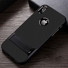 Silicone Matte Finish and Plastic Back Cover Case with Stand A01 for Apple iPhone Xs Black