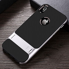 Silicone Matte Finish and Plastic Back Cover Case with Stand A01 for Apple iPhone Xs Silver