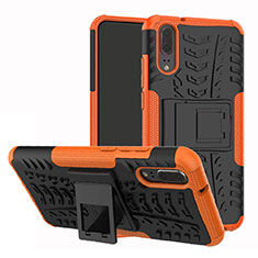 Silicone Matte Finish and Plastic Back Cover Case with Stand A01 for Huawei P20 Orange