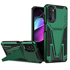 Silicone Matte Finish and Plastic Back Cover Case with Stand A01 for Motorola Moto G 5G (2022) Green