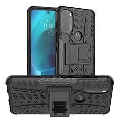 Silicone Matte Finish and Plastic Back Cover Case with Stand A01 for Motorola Moto G71 5G Black