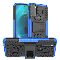 Silicone Matte Finish and Plastic Back Cover Case with Stand A01 for Motorola Moto G71 5G Blue