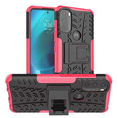 Silicone Matte Finish and Plastic Back Cover Case with Stand A01 for Motorola Moto G71 5G Hot Pink
