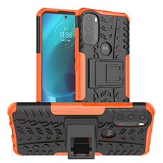 Silicone Matte Finish and Plastic Back Cover Case with Stand A01 for Motorola Moto G71 5G Orange