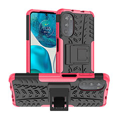 Silicone Matte Finish and Plastic Back Cover Case with Stand A01 for Motorola Moto G71s 5G Hot Pink