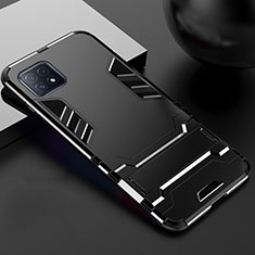 Silicone Matte Finish and Plastic Back Cover Case with Stand A01 for Oppo A53 5G Black