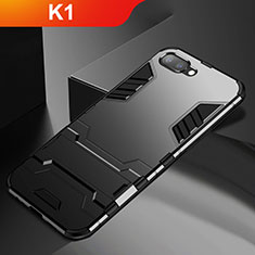 Silicone Matte Finish and Plastic Back Cover Case with Stand A01 for Oppo K1 Black