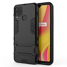 Silicone Matte Finish and Plastic Back Cover Case with Stand A01 for Realme C15 Black
