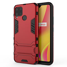 Silicone Matte Finish and Plastic Back Cover Case with Stand A01 for Realme C15 Red
