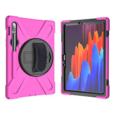 Silicone Matte Finish and Plastic Back Cover Case with Stand A01 for Samsung Galaxy Tab S7 11 Wi-Fi SM-T870 Hot Pink
