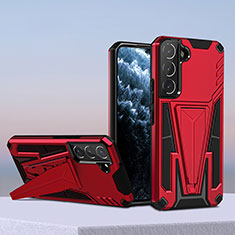 Silicone Matte Finish and Plastic Back Cover Case with Stand A04 for Samsung Galaxy S22 5G Red